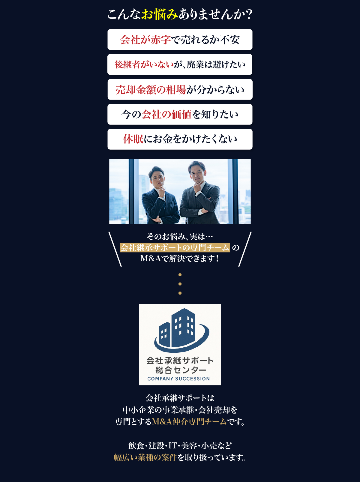 こんなお悩みありませんか？会社承継サポートならM&Aで解決できます！
